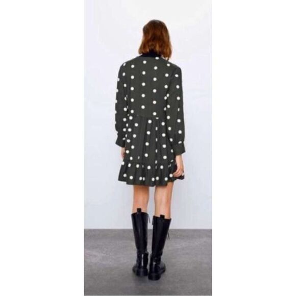 Zara Long Sleeve Baby Doll Mini Dress In olive Green And White Polka Dot Size M - Picture 3 of 7